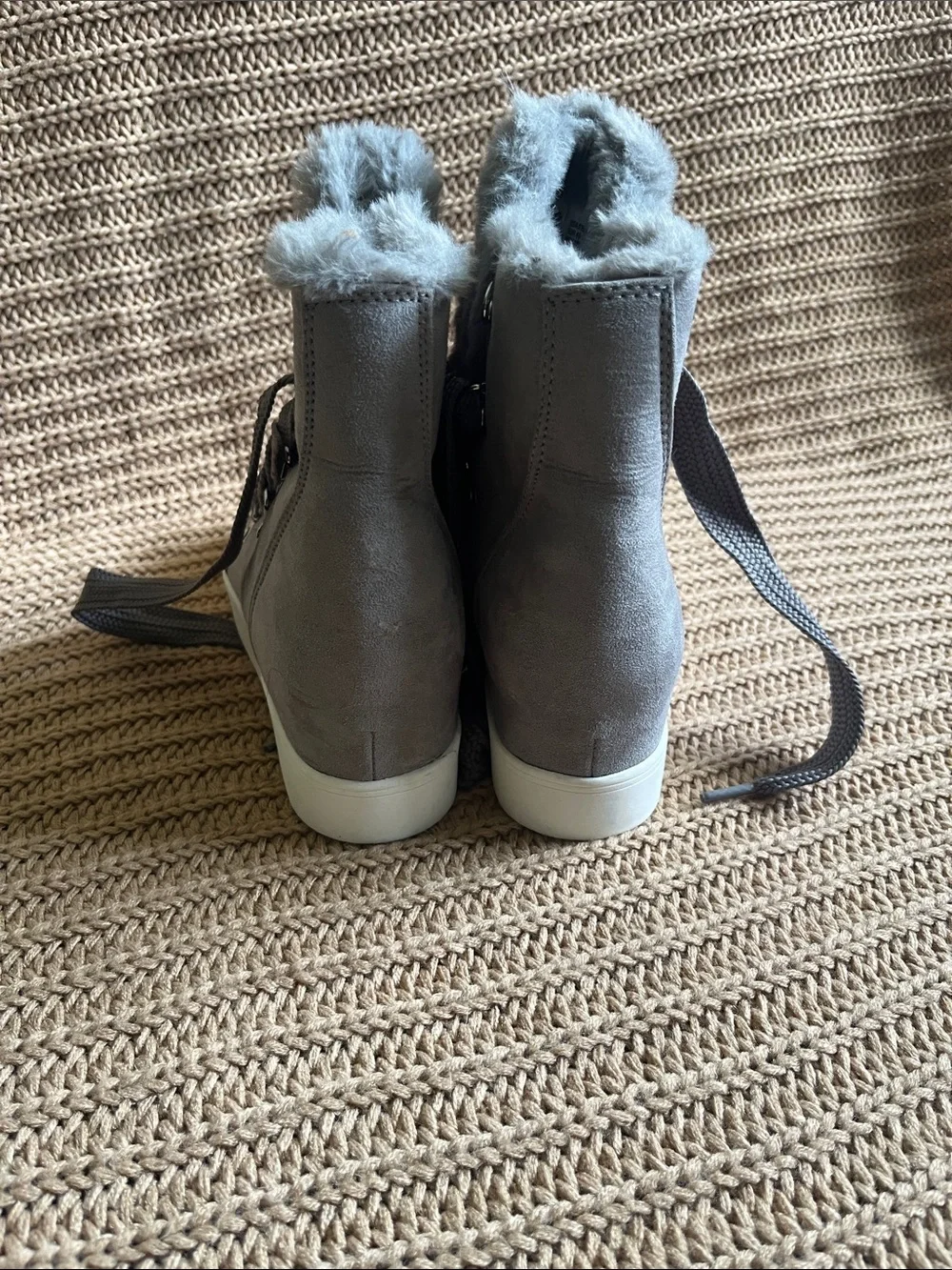 Time and Tru Gray Faux-Fur Lace-Up Winter Boots